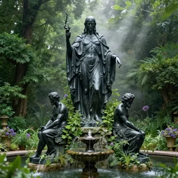 a statue of nyarlathotep and cthulhu atop a fountain in a lush dense verdant garden by albert bierstadt and mark arian and ferdinand knab and gil elvgren, black marble statue, lovecraftian, mist, hyperrealism, volumetric lighting, god rays, ultrafine details, sfumato, purple flowers, overgrown