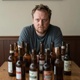 rich evans sitting at a table full of empty beer bottles