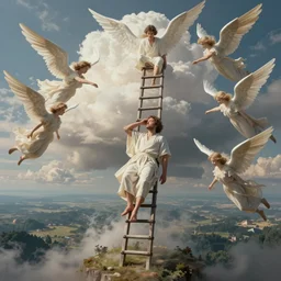 intricate concept image of jacob sleeping dreaming angels going up and down in a ladder from earth to heaven, hyper realistic, ultra detail, octane render, cinematic, artstation