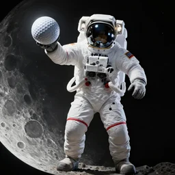 a giant astronaut hitting the moon like a golf ball
