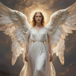 goddess, Evan Rachel Wood, pale, holy, angelic, gorgeous, full body white dress, symmetrical face, sky, high fantasy, concept art, warm lighting, mood lighting, painting