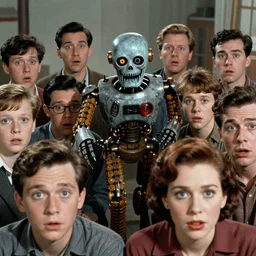 A scary robot is chasing after a bunch of scared adults , in the style of 1960s, with fully detailed faces,  fully detailed , faces in focus ,4k ,HD