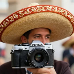 photo taken on a pentax a cat witn a sombrero on his head, who riding on top of a donkev. thev in the middle of the sahara dessert.