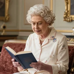 queen elizabeth wearing cute pajamas, reading a book, in buckingham palace, depth of field, 8 k, cinematic composition
