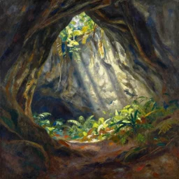 john la farge's second paradise, tropical underground cove landscape, sun rays create shadows on the cave wall, high contrast, impressionist watercolor by john la farge and thomas cole, cinematic