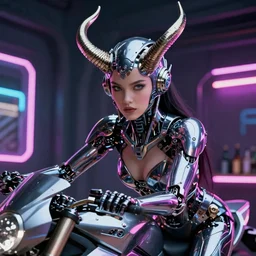 edgy beautiful powerful female glossy futuristic cyborg with curved metal Loki horns and chrome motorcycle parts, full body,  dark fantasy, neon bar lights, 3d render, octane, 8k, volumetric lighting, hyper-realistic,, diffuse lighting, intricate, highly detailed, lifelike, photorealistic, digital painting, trending on artstation, smooth, sharp focus