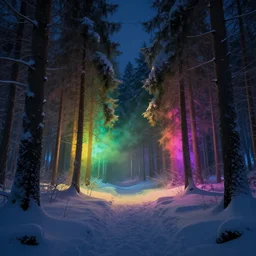 landscape, dramatic lighting, octane render, volumetric lighting, artbreeder, snowy rainbow woods at night