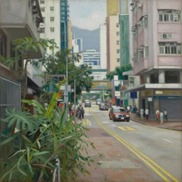 rundown streets of hong kong and overgrown with plants by peter elson, oil on canvas