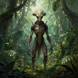 alien creature in the exotic jungle, landscape, alex ross, neal adams, david finch, concept art, matte painting, highly detailed, rule of thirds, dynamic lighting, cinematic, detailed, denoised, centerd