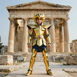 a radiant, full shot, studio photography of a 2 7 - year - old caucasian male wearing the capricorn gold armor, from knights of the zodiac saint seiya, inside the old temple of athena greece, 4 k high resolution, detailed photo, photoshopped, award winning photo, deep depth of field, f / 2 2, 3 5 mm, make all elements sharp, at golden hour, light academia aesthetic, socialist realism, by annie leibovitz