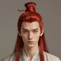 portrait of a thin young man with long red hair in a man bun, intricate, symetric, highly detailed, digital painting, artstation, sharp focus, illustration
