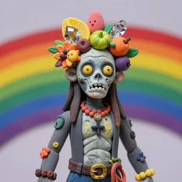 bodyshot of a trickster nature spirit, zombie rock star, head made of fruits and crystals and flowers in the style of guiseppe arcimboldo, john currin, deep focus, fantasy, surreal, detailed, pop art, action figure, clay sculpture, gray and yellow and purple, rainbow stripe background