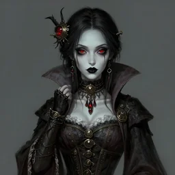 steampunk vampire girl, pale skin, red eyes, black lipstick, old robe, digital illustration by rossdraws, wlop, frank franzzeta