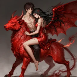 couple, woman loves demon, sit upon a scarlet coloured beast, pain, light effect, hyper detailed, intricate, elegant, highly detailed, digital painting, artstation, concept art, matte, sharp focus, illustration, by dan mumford, yusuke murata, makoto shinkai, ross tran