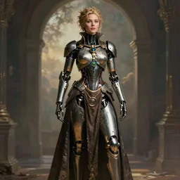 hyper realistic photo of postapocalyptic victorian cyborg hunter girl full body, cinematic, artstation, cgsociety, greg rutkowski, brom