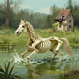 skeleton horse swimming in a swamp with a bird eating a house