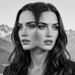 double - exposure effect of megan fox face in the shape of beautiful mountains, in the style of dan mountford, amazing detail, black and white