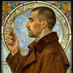 detailed portrait of gaunter o'dimm, master mirror, profile view, side view, middle eastern man, 5 0 years old, brown coat, short buzzcut, short stubble, stained glass art, by alphone mucha, very masterful, no artifacts