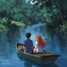 a boy and a girl with long flowing auburn hair, boy has short black hair, sitting next to each other, facing the river in one single boat. atmospheric lighting, long shot, romantic, boy and girl are the focus, trees, blue water, narrow river, close river bank, shady. anime. by makoto shinkai, stanley artgerm lau, wlop, rossdraws, james jean, andrei riabovitchev, marc simonetti, krenz cushart, sakimichan, d & d trending on artstation, digital art.