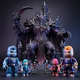a hyperrealistic rendering of an epic boss fight against an ornate supreme dark overlord by art of skinner and richard corben, product photography, mountain nightmare castle playset, collectible action figure, sofubi, neon color