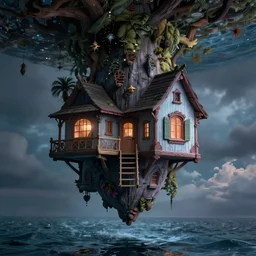 a hovering house over voral ocean in upside down, inspired by tim burton, cinematic light, octane render, photorealistic, ultra detailed