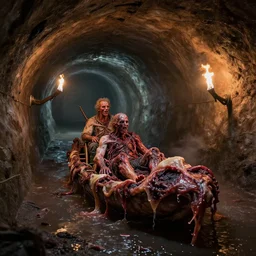airbrush sewage tunnels with primitive flesh raft, of rotten flesh, syd mead, enric torres, hyper realism, narrative light, muted colors, epic, hyper detailed, awe inspiring, award winning horror, torch lighting, hyper realism, cinematical