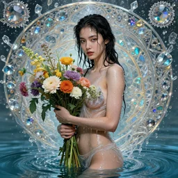 portrait of a beautiful woman holding a bouquet of flowing flowers, drenched body, wet dripping hair, emerging from the water, fantasy, regal, fractal crystal, fractal gems, by stanley artgerm lau, greg rutkowski, thomas kindkade, alphonse mucha, loish, norman rockwell