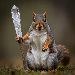 portrait Redwall Abbey gray squirrel holding a staff made of crystal. dramatic coloring,