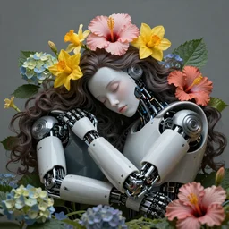 a beautiful fine art RPG portrait photo of a sleeping robot by vladislav ociacia, spread out wavy hair covered by by hibiscus, daffodils, hydrangea, montsera leaves by  tom bagshaw, soft studio lighting, soft vignette, 50mm lens, very detailed, bionic, robotic, deep depth of field, artstation, 4K