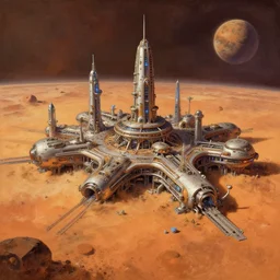oil sci fi painting of human colony city on planet mars, octane rendering, trending on artstation, by, studio ghibli, michael whealan and james gurney