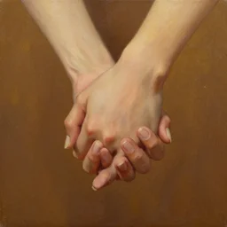a close up of holding hands with a brown background with gold undertones, oil painting, realistic, high detail, aesthetic, album cover art