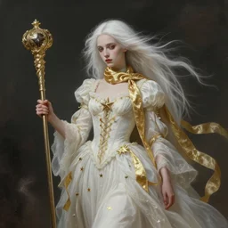 a vampire with long light white hair and a gold scarf, windy, ribbons, stars, melancholic, modern maximalist fashion dress, is ( ( holding a staff ) ). light dust, magnificent, hyperdetailed, theatrical, painted by jean honore fragonard and greg rutkowski
