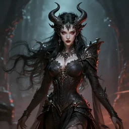 an concept art of the demon queen, beautiful hair, intricate details, detailed face, detailed clothes, artstation, epic pose, epic background, ambient light, by bob timberlake and wlop