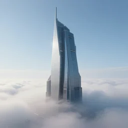 singular!!! cyberpunk skyscraper rising from an opaque cloud of fog in an otherwise clear sunny day. lateral view showing the building from top to bottom. dynamic perspective, surrealism, concept art by dom qwek, trending on cg society, neofuturism, futuristic, volumetric lighting, aesthetic. digital matte painting