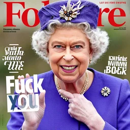 the queen of england grinning rudely and saying fuck you in a magazine cover photo. highly detailed hands