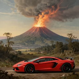 a volcano seething, ethereal landscape, red lamborghini, claude lorrain pastoral landscape