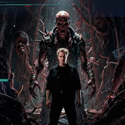 movie frame still from live action adaptation of cyberpunk, directed by steven spielberg, 8 k, vhs glitch, ultra wide angle, high contrast, zenith view, greg rutkowski, intrincate, highly detailed, ilm, oscar winning photography, grain, dramatic lighting, greg nicotero, horrifying movie, nightmare fuel, horror movie
