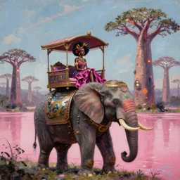 a regal and elegant african queen with a colorful afro sitting in a cabana on top of an extremely large steampunk elephant near a pink lake with a large glowing baobab tree, by greg rutkowski and android jones in a cyberpunk style, oil on canvas 8k, hd