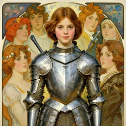 realistic detailed painting of a 1 6 - year old girl who resembles millie bobby brown and natalie portman with a shy, blushing, coy expression dressed as joan of arc in armor by alphonse mucha, ayami kojima amano, charlie bowater, karol bak, greg hildebrandt