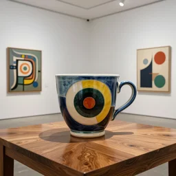 beautiful gallery show studio photograph of a giant stoneware coffee cup, glazed by bridget riley and victor vasarely, placed on a polished wooden table, hyperrealism 8 k trending on artstation