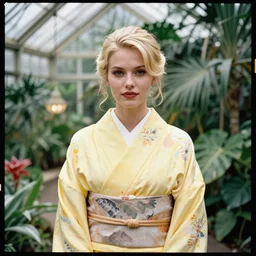 head to waist medium format portrait photograph of an elegant blond woman wearing a yellow kimono in a tropical greenhouse. looking at the camera!!. super resolution. 85 mm f1.8 lens.bokeh.graflex. by William Adolphe Bouguereau