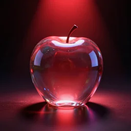 a photo of a dream world, refractive transparent clear glass apple, red spotlight, dark lighting, reflective surface, unreal engine