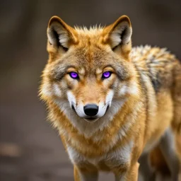 golden wolf with glowing purple eyes
