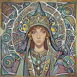 masterpiece head-on symmetrical centered painted portrait, Maya Ali as D&D sorcerer, Art Nouveau style, cell shaded, wizard robe, fantasy, RPG character Blizzard Hearthstone concept art, pixar, maya engine on stylized background, splash comics, global illumination lighting, trending on artstation, by lois van baarle, ilya kuvshinov, rossdraws