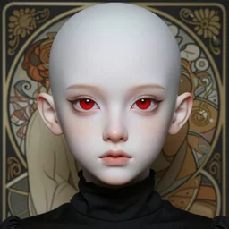 portrait of a 4 0 - year - old bald character, male, with a white complexion, wide, cat - like scarlet eyes, nose as a snake, and a thin mouth, wearing in black clothes, hyper realistic face, beautiful eyes, fantasy art, in the style of greg rutkowski, intricate, alphonse mucha, hyper detailed, smooth