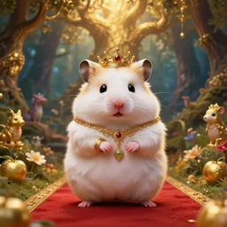 hamster deity, fat figure, cute, elegant, furry, white, gold, warm, wearing a crown, bracelets and necklaces, red carpet, figure, realistic, hair detailing, background is heavenly, wonderland at night, the light in the deep forest full of mythical creatures of the picture, according to european art, golden sacred tree, golden apple, flower garden, hyper realistic render. den noise. volumetric lighting. dynamitc lighting. unreal engine. octane. hyper cinematic lighting