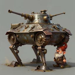 a tank with mechanical legs, a gnome peeking out, steam punk, detailed digital art