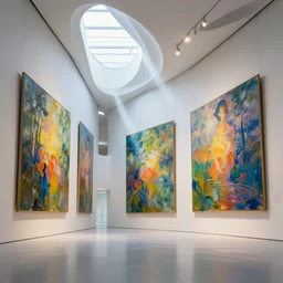 interior futuristic art gallery wide angle highly detailed by santiago calatrava, wall hanging paintings of art by saturno monet! and wlod, captivating 8 k hdr, octane render godrays