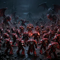 hundreds of blood angel space marines battle terrifying demons, epic battle scene. scenic view at night, underexposed, clean horizon, matte painting by craig mullins and dan mumford, cinematic, high fantasy, style of game of thrones, concept art trending on artstation, 4 k, insane details