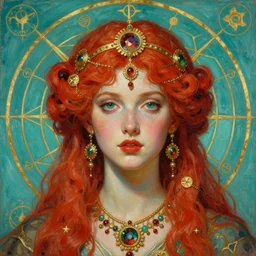 hyper realistic painting portrait of pretty redhead goddess, occult diagram, turquoise and red, detailed face, intrincate ornaments, gold decoration, occult art, oil painting, art noveau, in the style of roberto ferri, gustav moreau, jean delville, bussiere, saturno butto - c 9